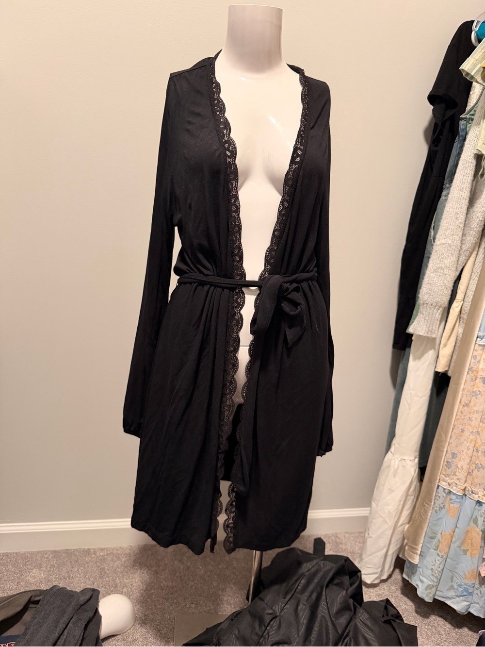 aerie Black Lace-Trim Wrap Robe with Waist Tie